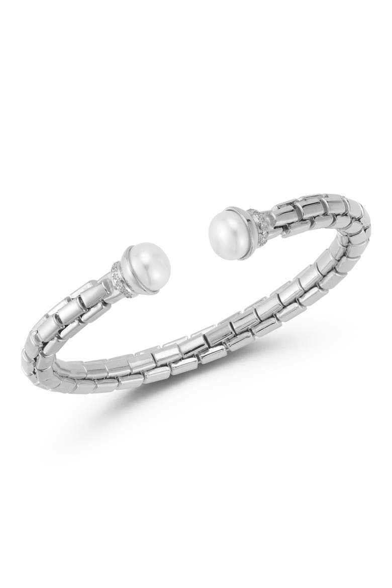 Cultured Pearl and Cubic Zirconia Cuff Bracelet, Main, color, SILVER
