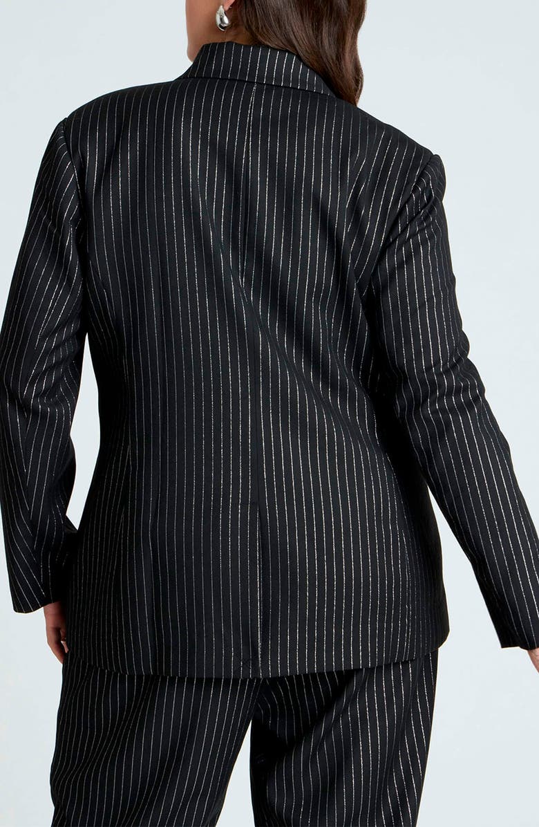 ELOQUII Metallic Pinstripe Double Breasted Blazer, Alternate, color, Black