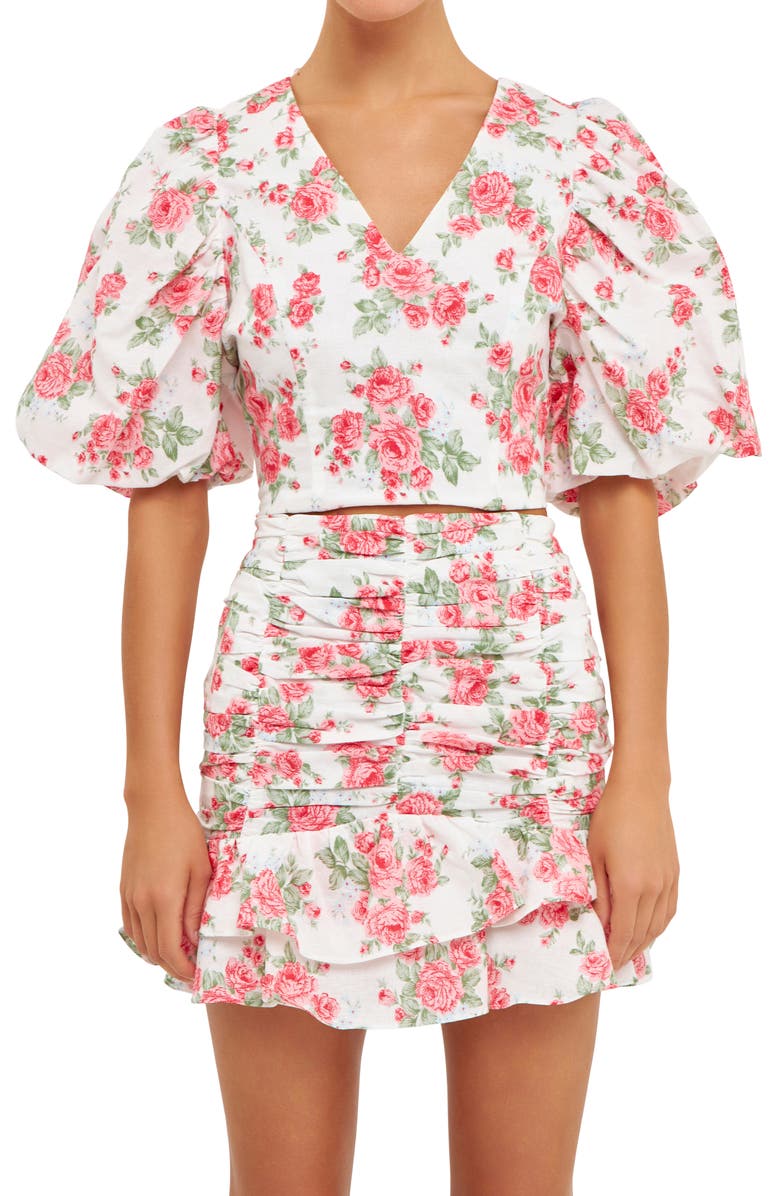 Endless Rose Floral Print Puff Sleeve Linen Blend Crop Top, Alternate, color, 