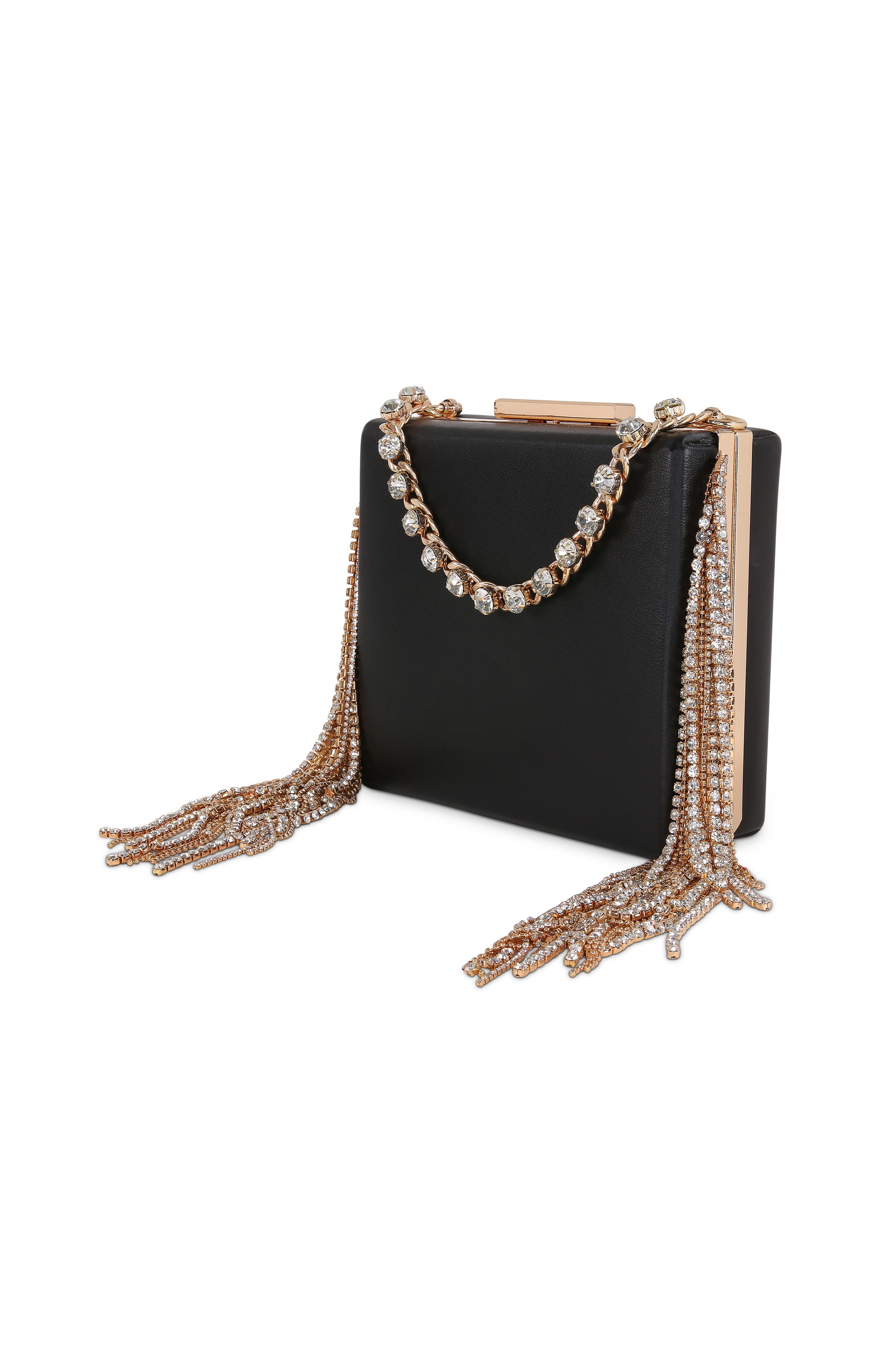 Jewel Badgley Mischka Ryker Leather Crystal Fringed Box Clutch, Alternate, color, Black