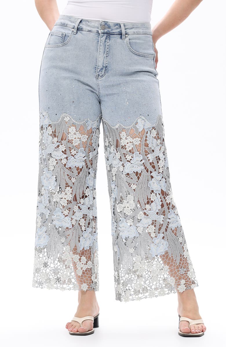 Bayeas Crystal Embellished Lace Wide Leg Jeans, Main, color, Lesley Blue