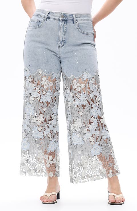 Crystal Embellished Lace Wide Leg Jeans (Plus)