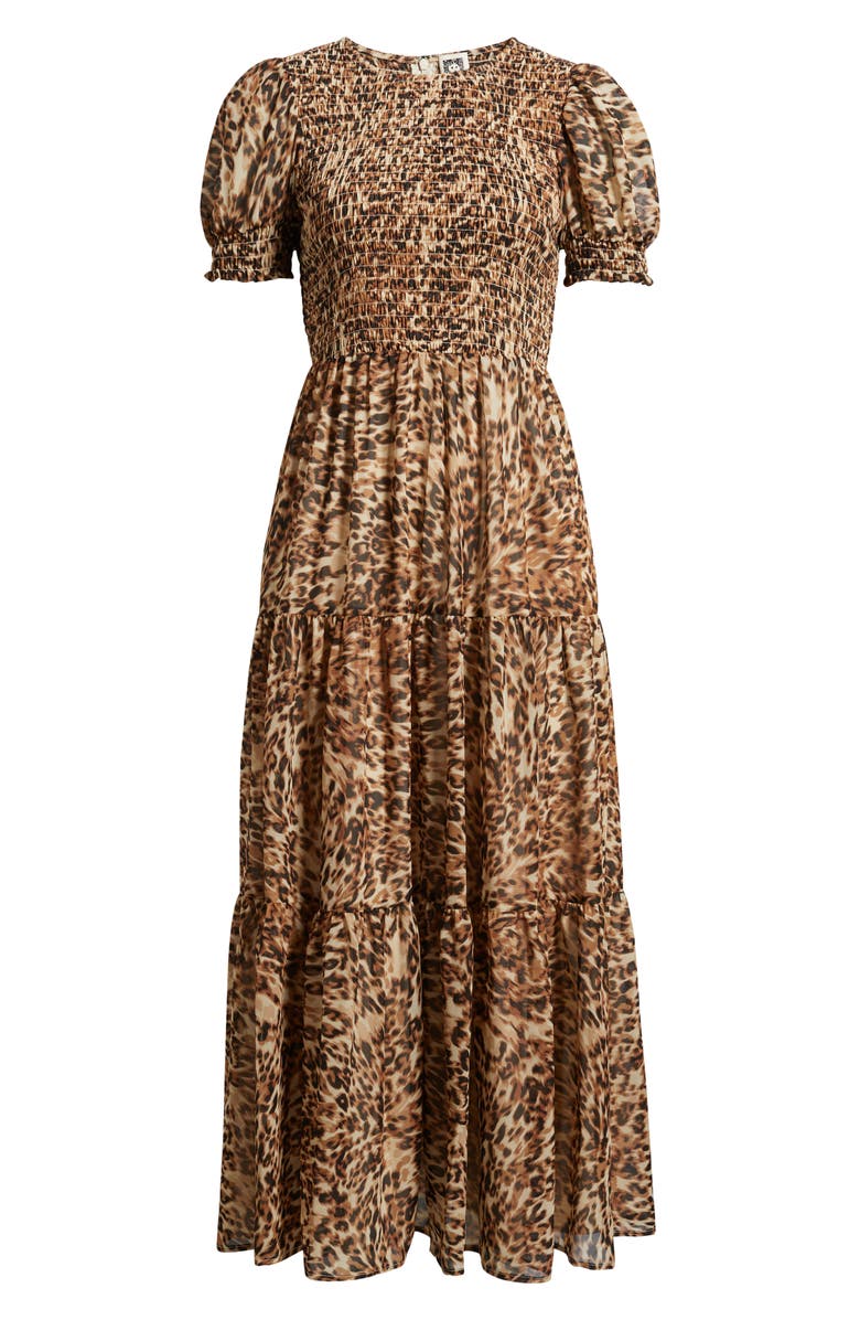 Anne Klein Smocked Puff Sleeve Maxi Dress, Alternate, color, Light Coffee Multi