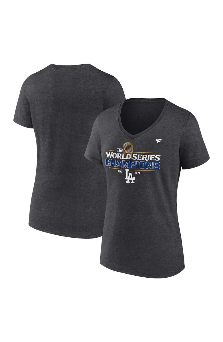 FANATICS Women's Fanatics Heather Charcoal Los Angeles Dodgers 2024 World Series Champions Locker Room V-Neck T-Shirt, Alternate, color, 