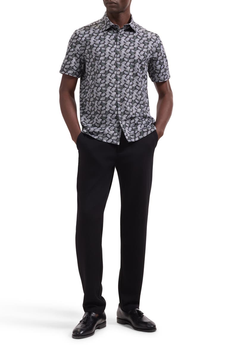 Bugatchi Milo OoohCotton<sup>®</sup> Leaf Print Short Sleeve Button-Up Shirt, Alternate, color, Black
