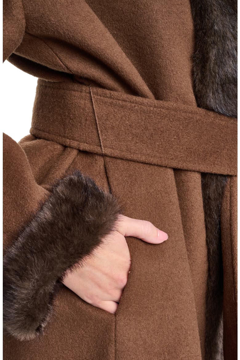 Faux Fur Trim Wool Blend Hooded Coat, Alternate, color, VICUNA