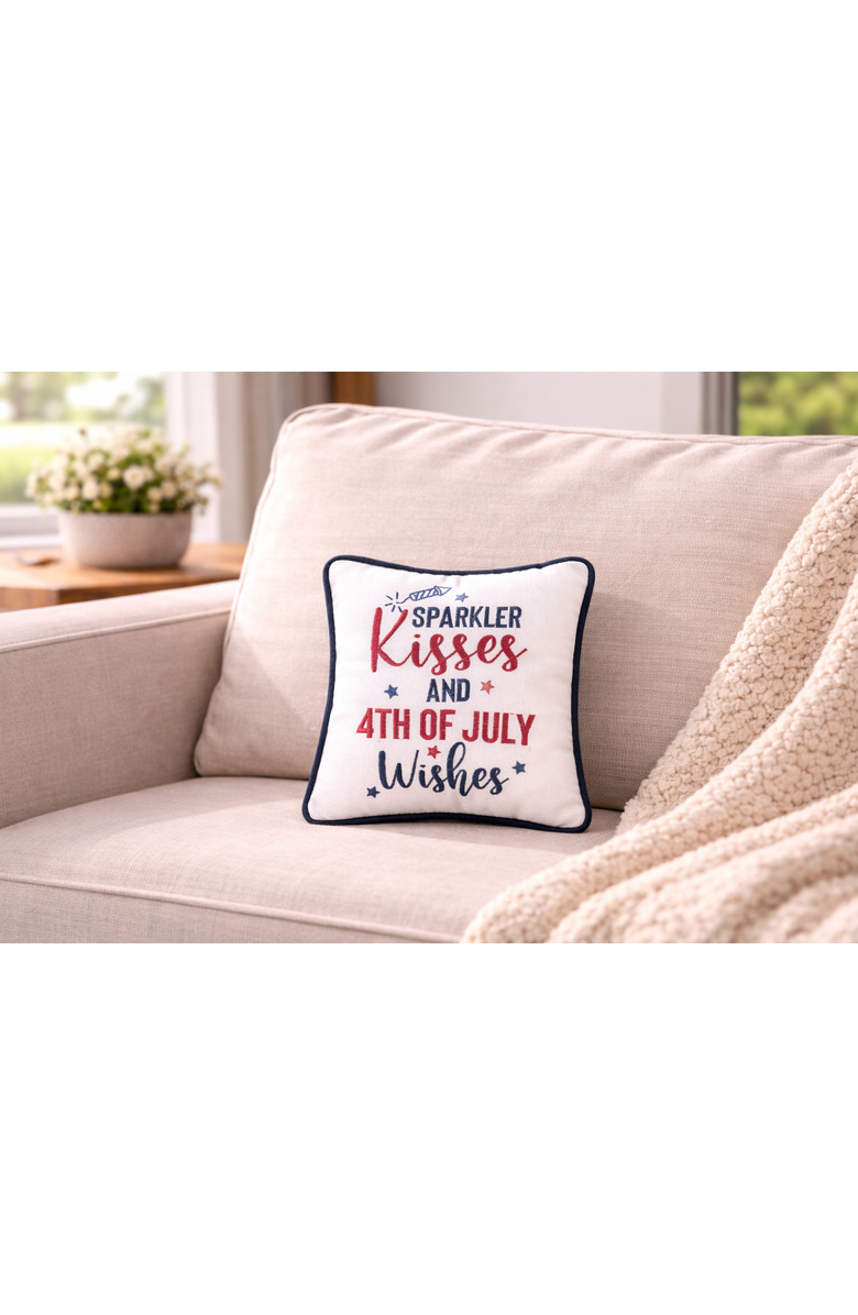 C&F Home Patriotic "Sparkler Kisses & 4th of July Kisses" Embroidered Mini Square Accent Pillow, 10" x 10", Alternate, color, White