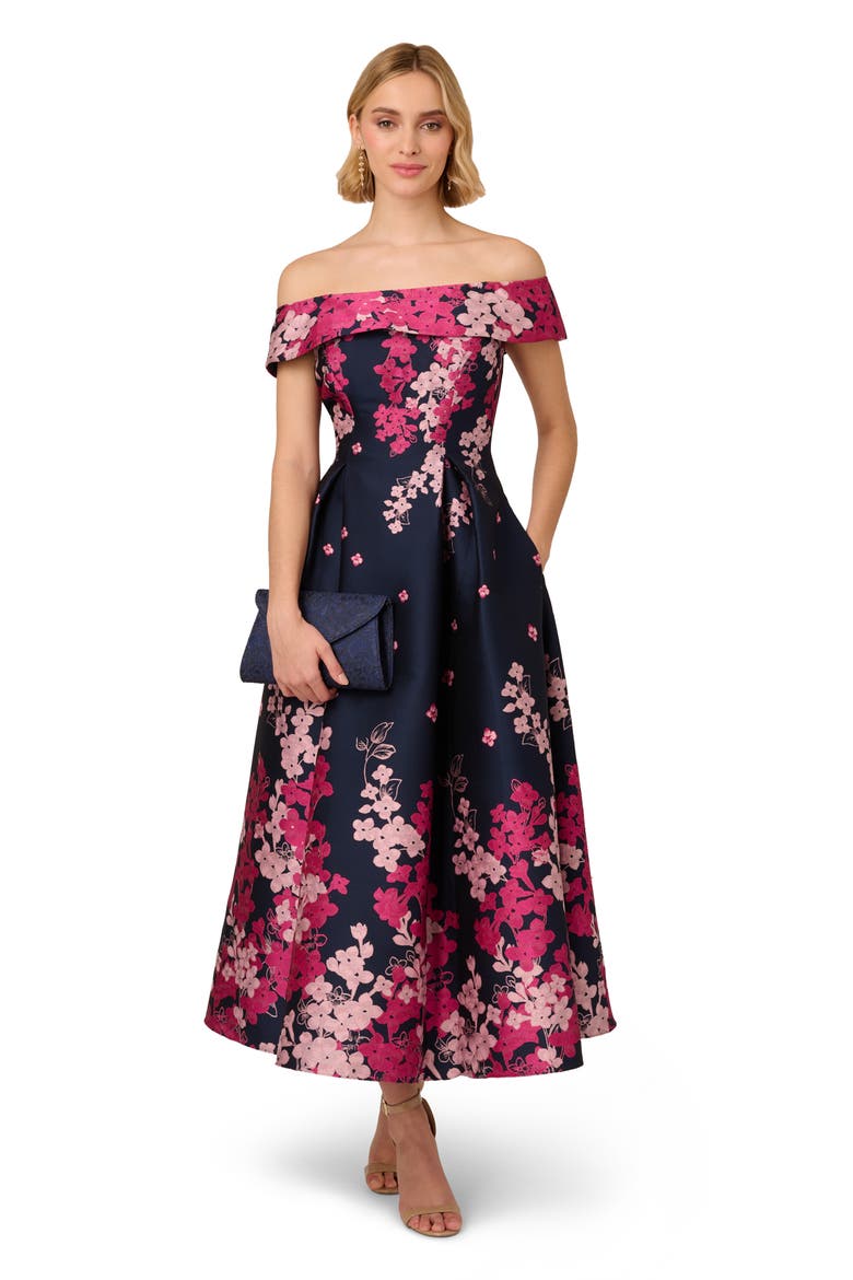 Floral Off the Shoulder Jacquard Gown, Alternate, color, NAVY/PINK MULTI