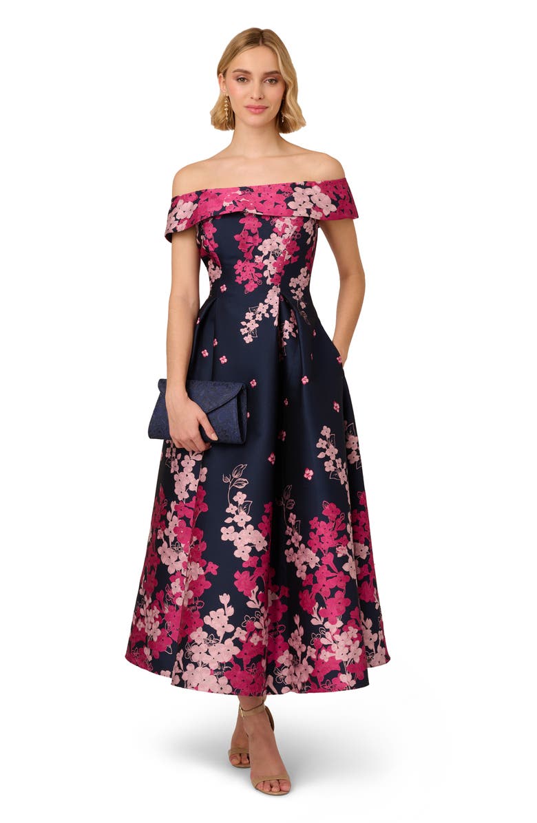 Adrianna Papell Floral Off the Shoulder Jacquard Gown, Alternate, color, Navy/Pink Multi