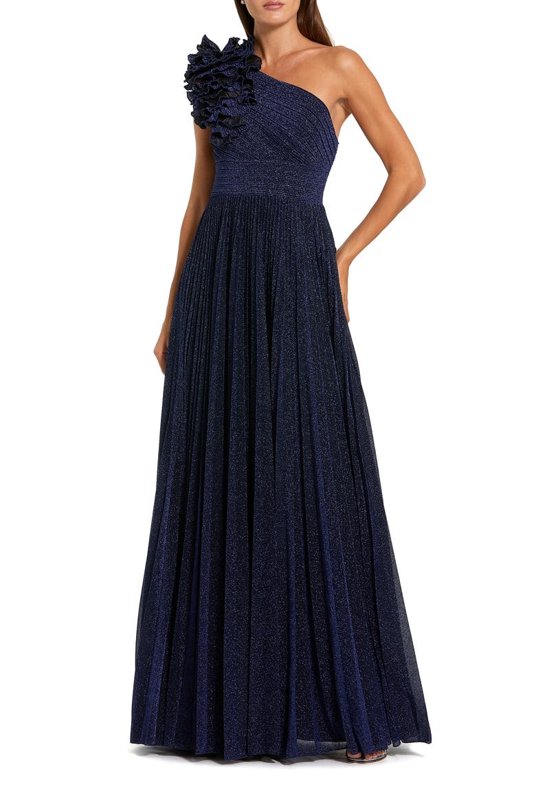 Pleated One Shoulder Ruffle Gown, Main, color, Midnight
