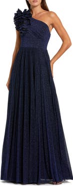 Mac Duggal Pleated One Shoulder Ruffle Gown