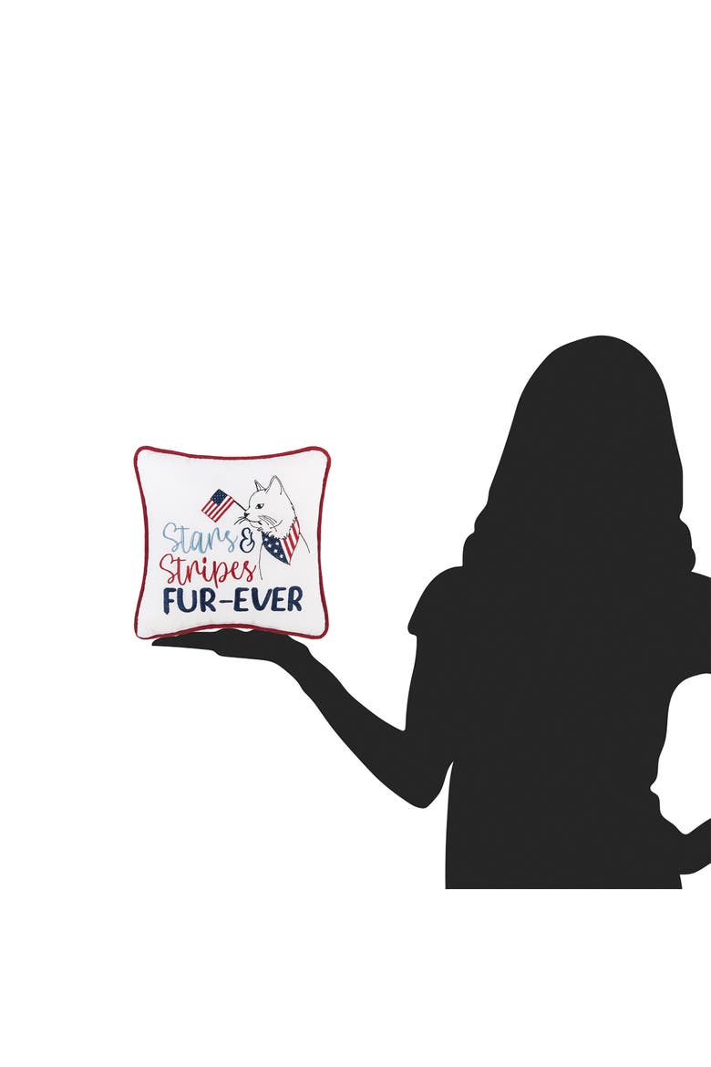 Patriotic Stars & Stripes Fur-Ever Cat Mini Embroidered Accent Pillow, 10" x 10", Alternate, color, White