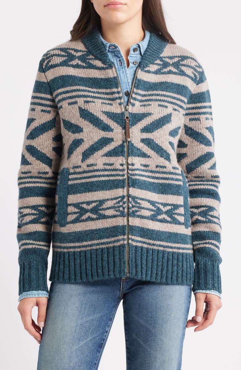 Pendleton Graphic Wool Zip Cardigan, Alternate, color, Teal Heather