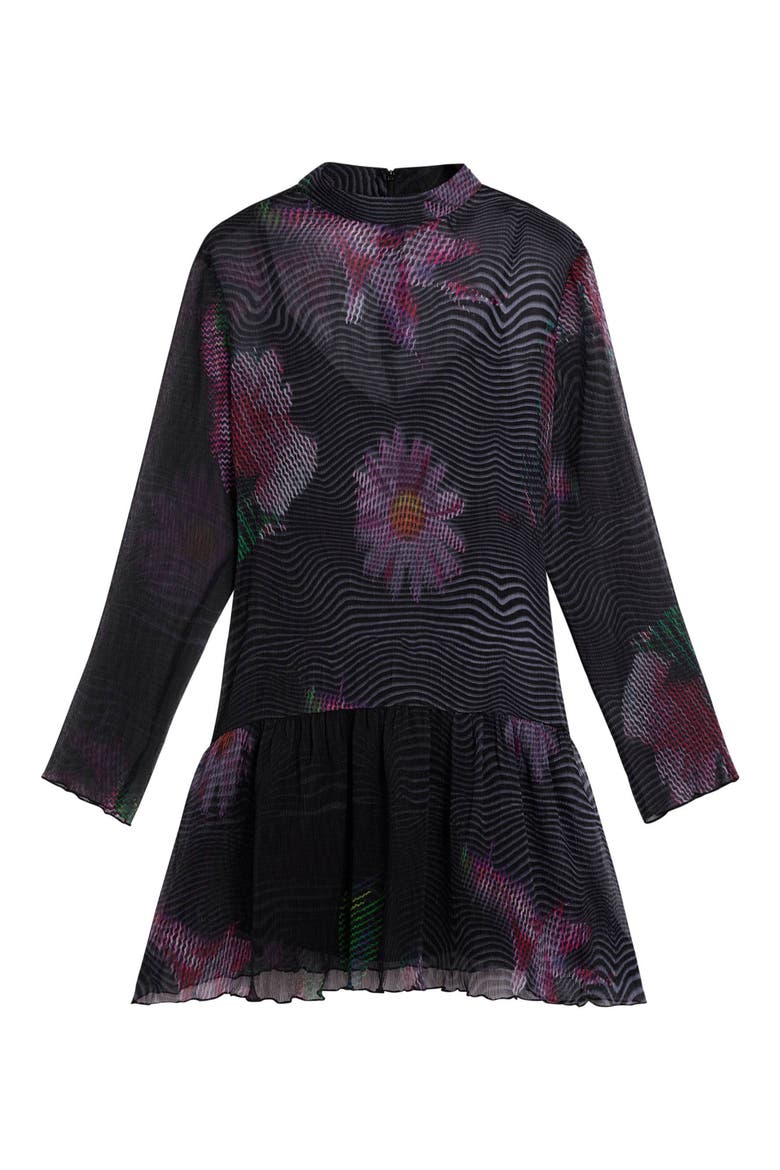 Print Ruffle Hem Long Sleeve Dress, Alternate, color, BLACK