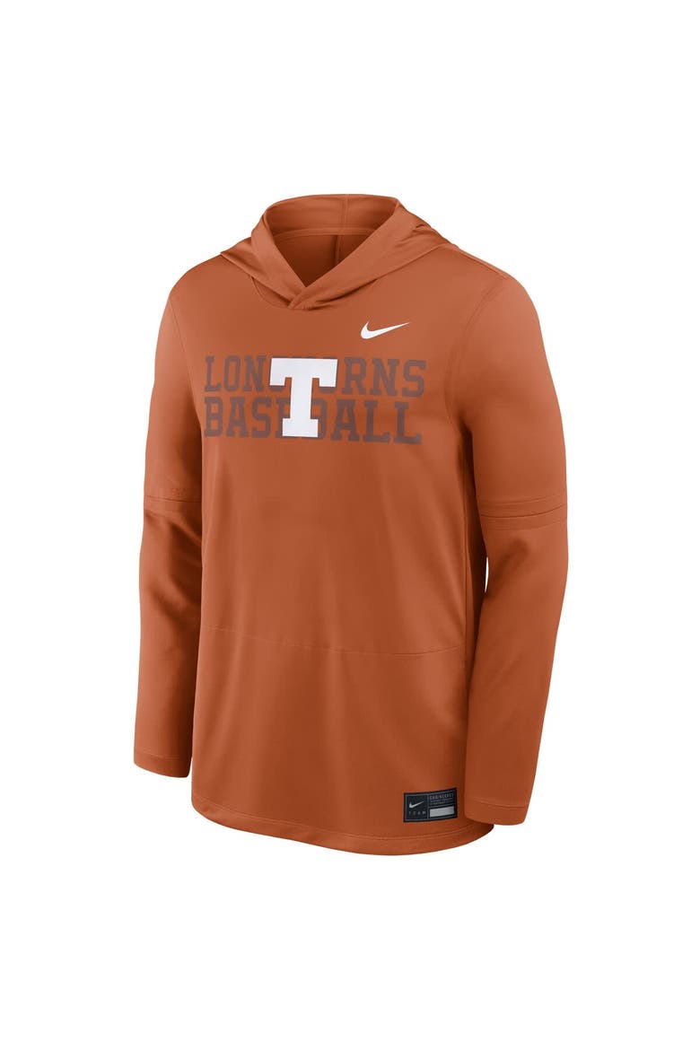 Men's Nike Texas Orange Texas Longhorns Dugout Dri-FIT Long Sleeve Hooded T-Shirt, Alternate, color, Burnt Orange