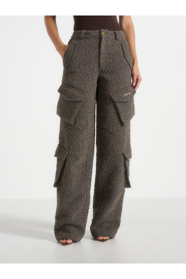 Anne Textured Boucle Wide Leg Cargo Trousers, Alternate, color, Brown