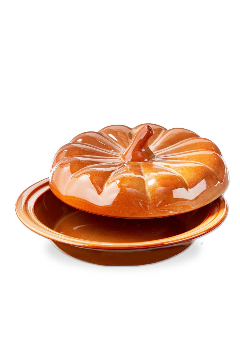 Pumpkin Pie Dish with Lid Ceramic Baking Dish Burnt Sienna, Main, color, Orange