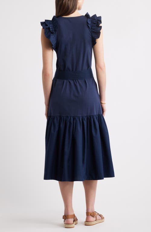 Caslonr Caslon(r) Ruffle Tie Waist Mixed Media Dress In Navy Blazer