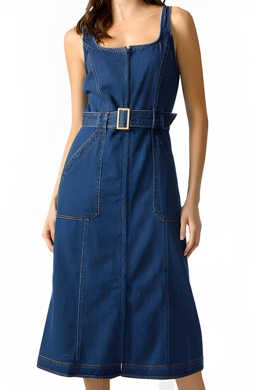 Modenaire Denim Midi Dress With Belt And Zip Front In Blue
