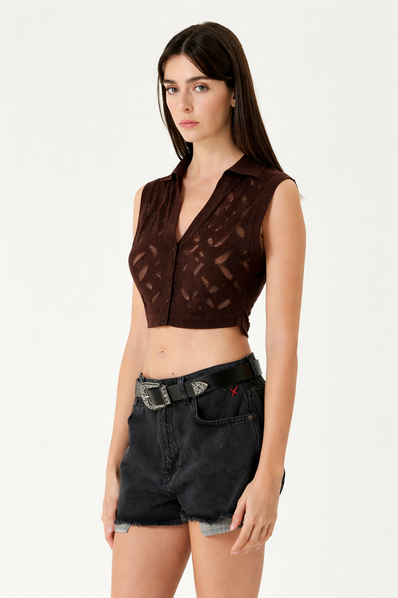 Cropped Ripped Knit Top, Alternate, color, Brown