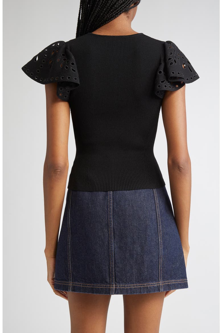 Edith Mixed Media Ruffle Sleeve Top, Alternate, color, NOIR