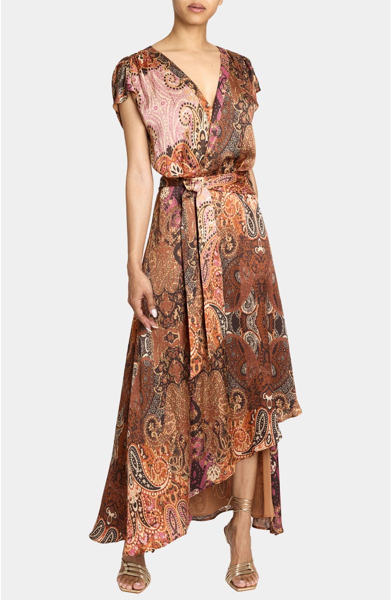 Santorelli Fallon Midi Dress in Printed Charmeuse, Main, color, Chestnut Multi
