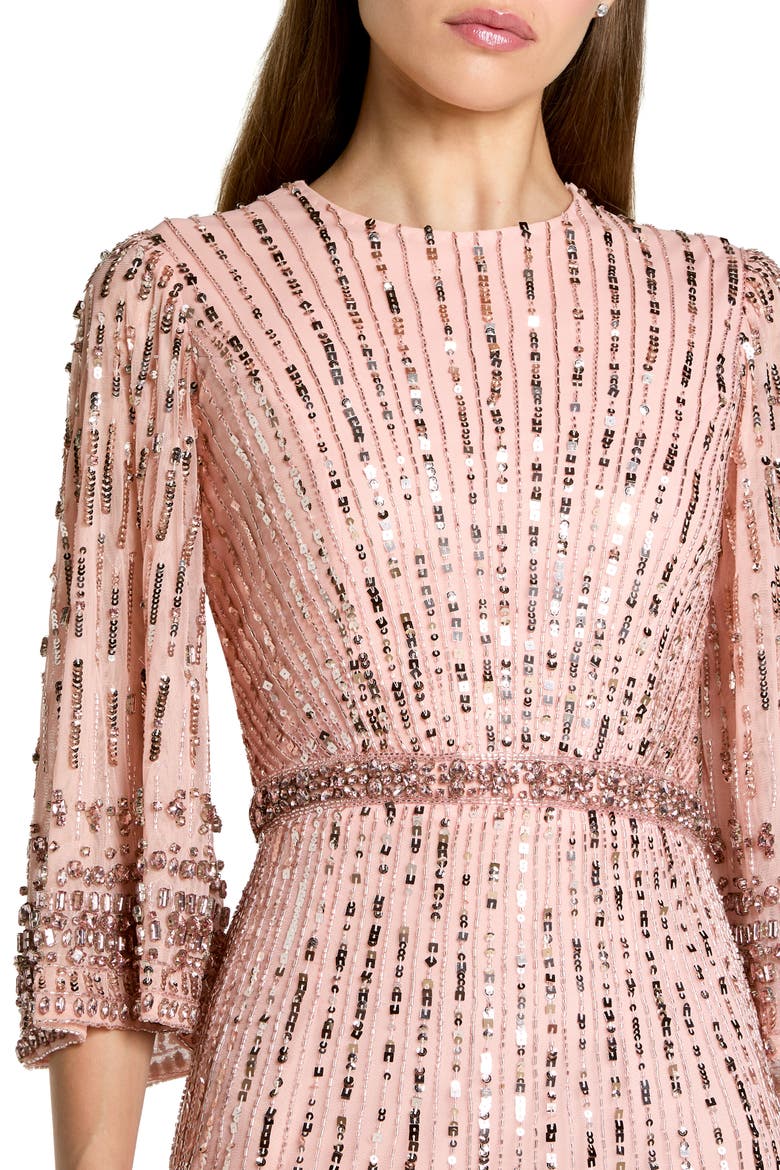 High Neck Embellished Gown With 3/4 Sleeves, Alternate, color, Rose