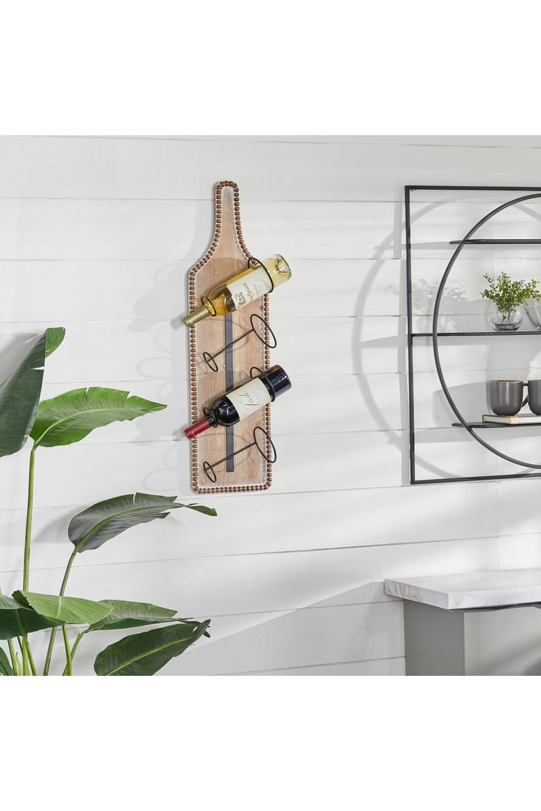 Brown Wood Bottle Shaped Wall Wine Rack with Beaded Frame, Alternate, color, BROWN