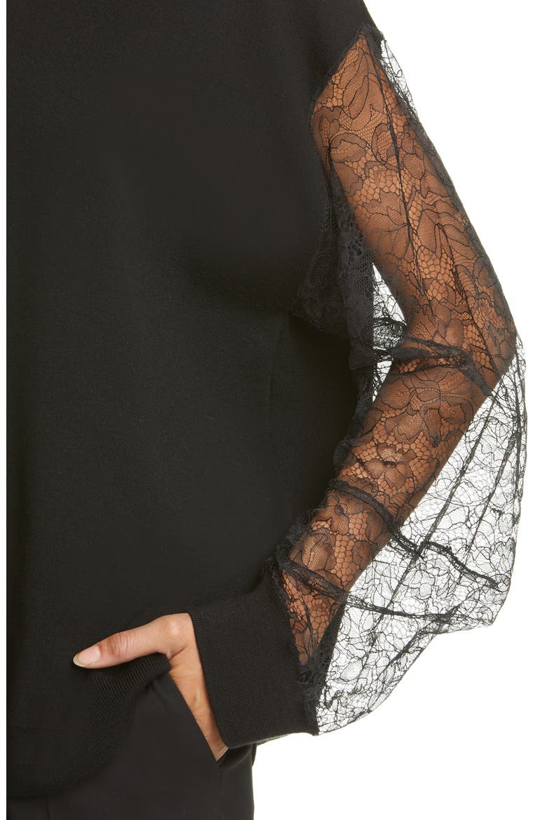 Lace Sleeve Merino Wool Blend Sweater, Alternate, color, BLACK