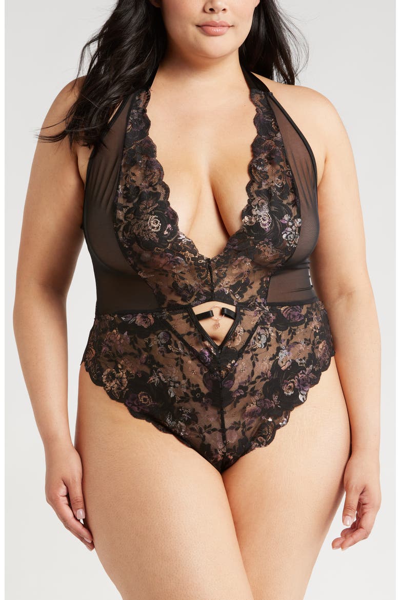 Lace Open Gusset Teddy, Alternate, color, BLACK