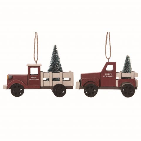 Wood Multicolor Christmas Truck with Tree Ornaments Set 2