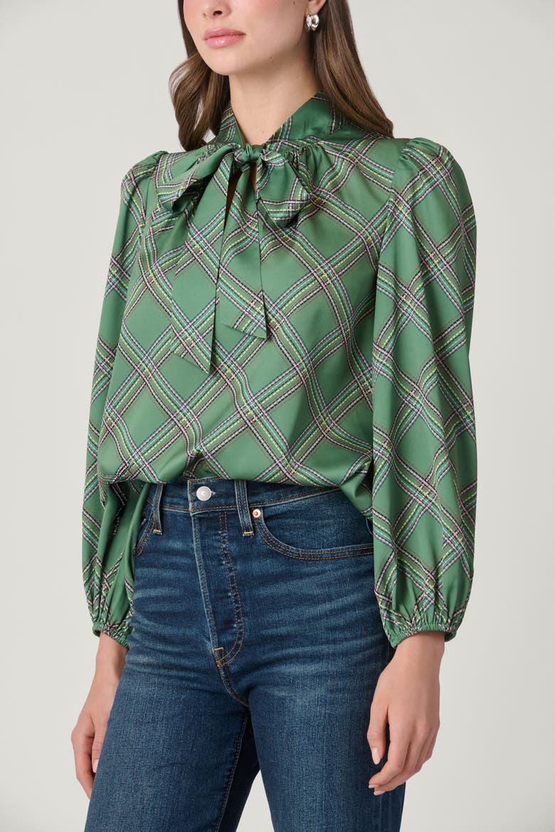 Dashed Plaid Satin Charmeuse Rye Top, Alternate, color, Olive Multi