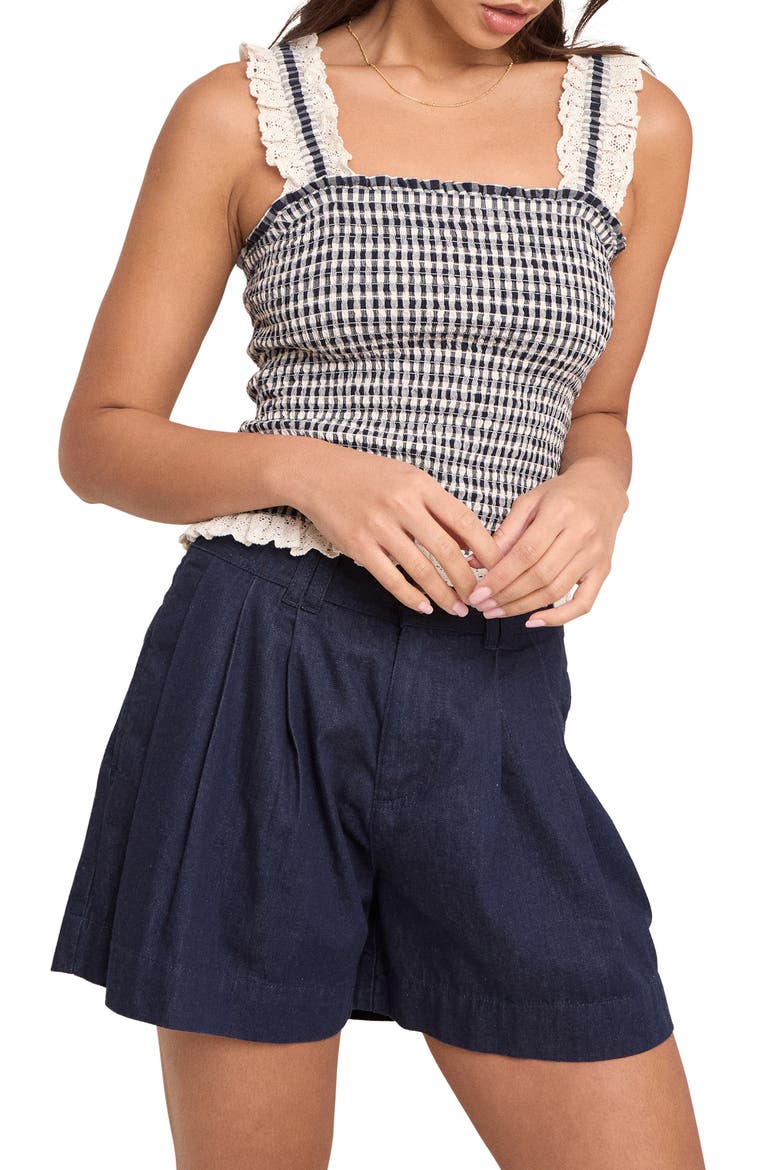 Gingham Smocked Eyelet Lace Trim Top, Alternate, color, BLACK