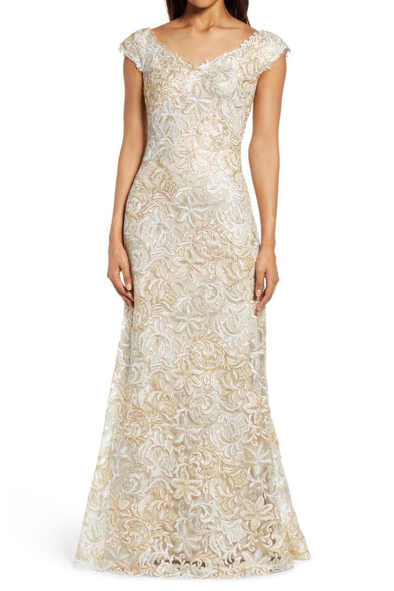 Cap Sleeve Embroidered Lace Gown, Main, color, WHITE/GOLD