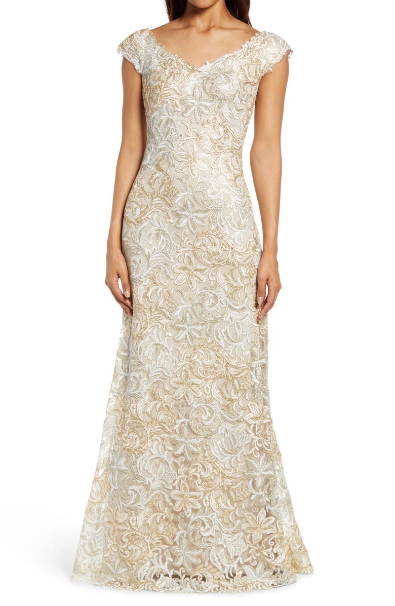 Tadashi Shoji Cap Sleeve Embroidered Lace Gown, Main, color, 