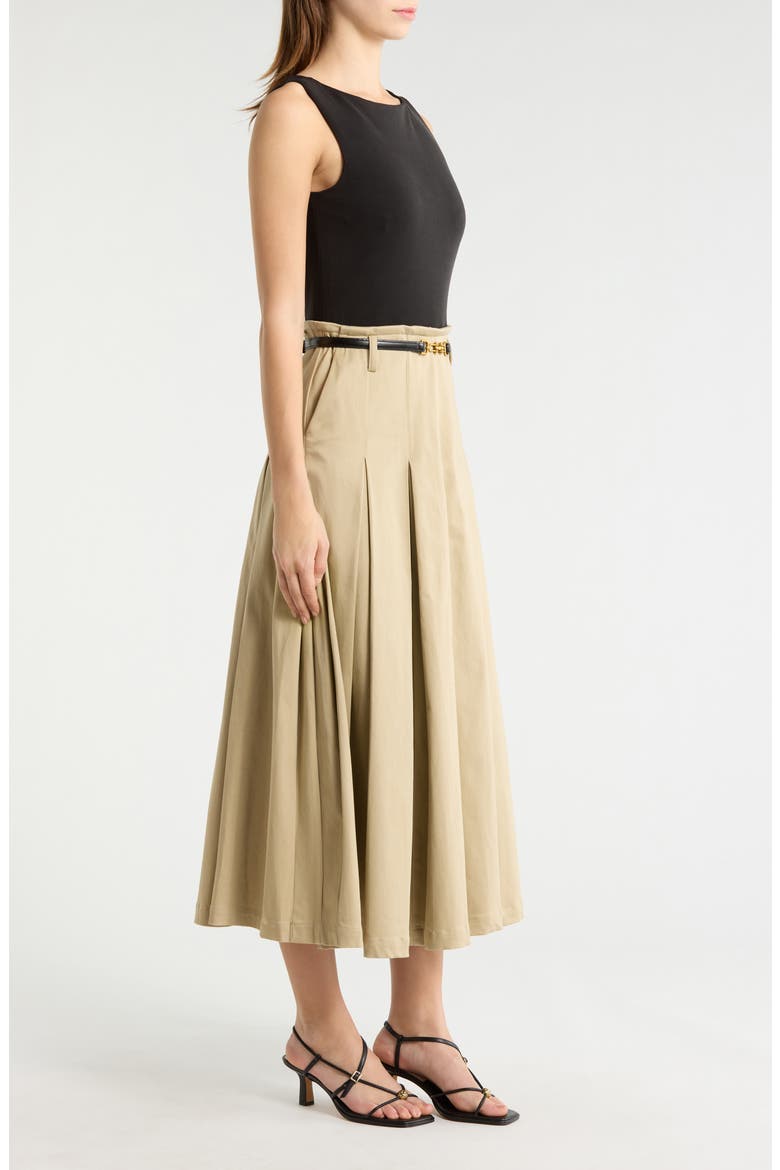 Mixed Media Pleated Dress, Alternate, color, BLACK AND KHAKI