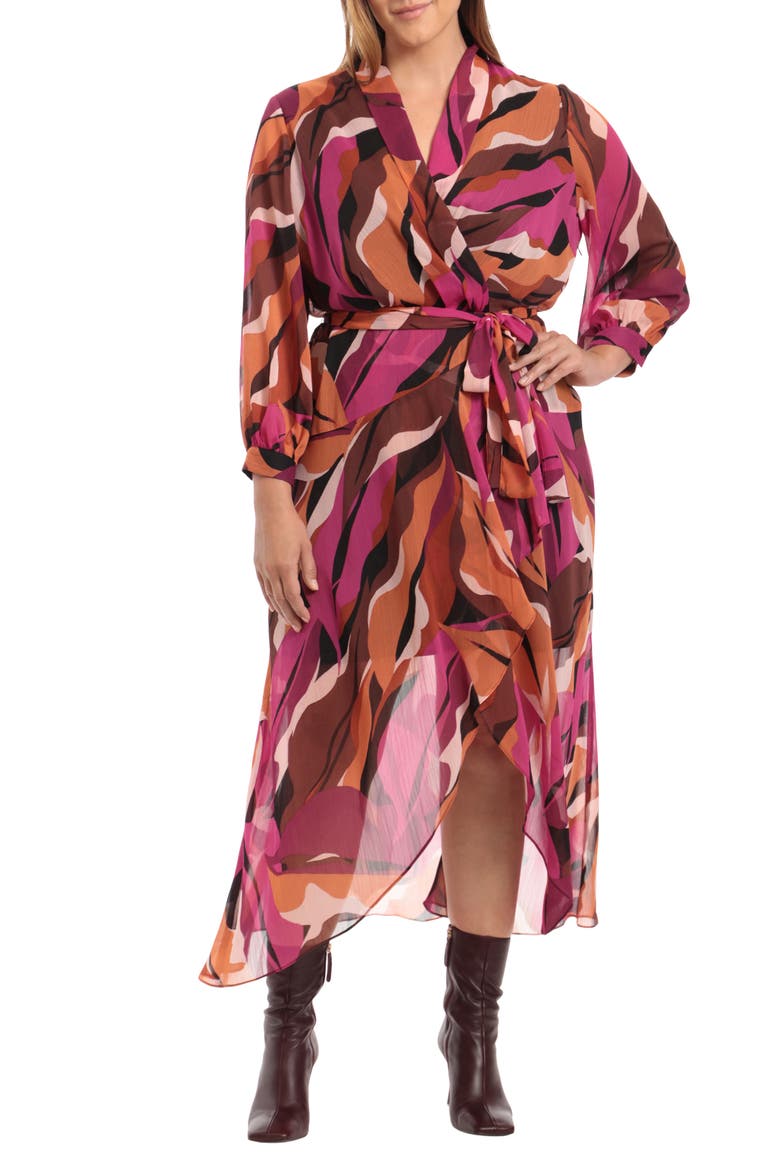 Long Sleeve Wrap Dress, Main, color, BLACK HOT FUCHSIA