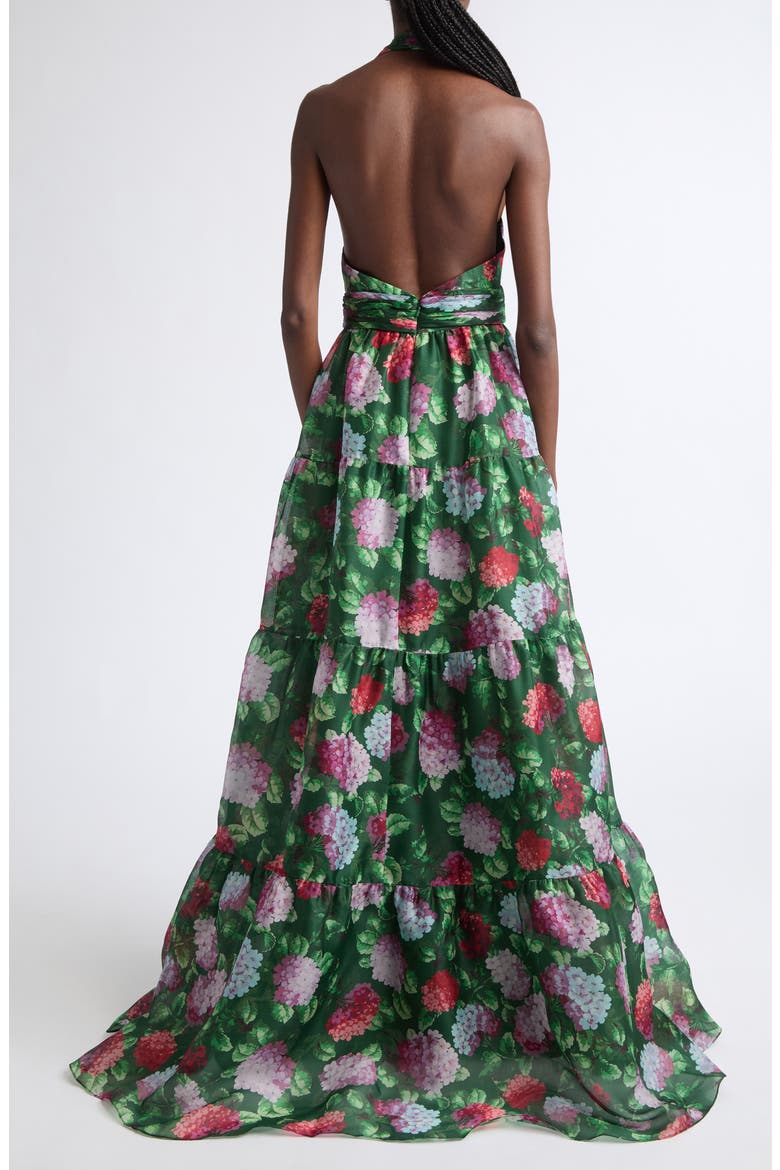 Hydrangea Tiered Silk Halter Neck Gown, Alternate, color, RACING GREEN MULTI