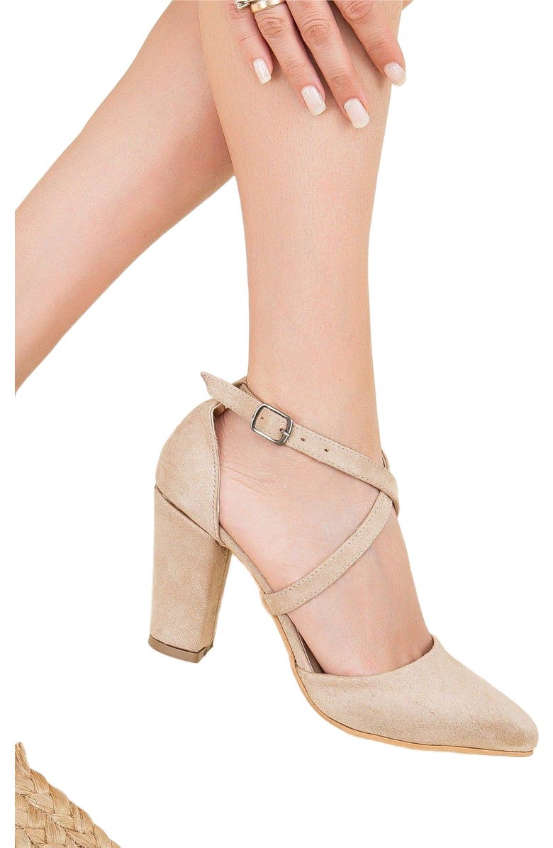 Forever & Always Shoes Sina Criss Cross High Block Heels, Alternate, color, Beige Suede