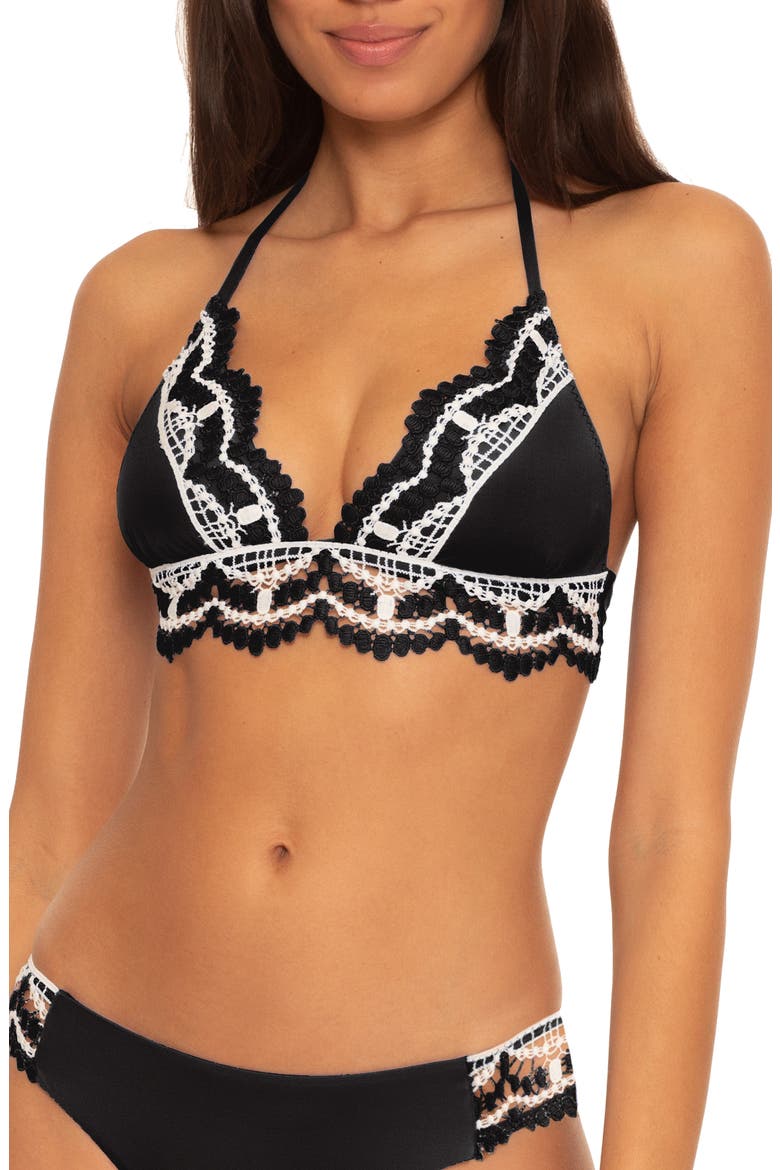 Delilah Crochet Trim Halter Bikini Top, Main, color, BLACK