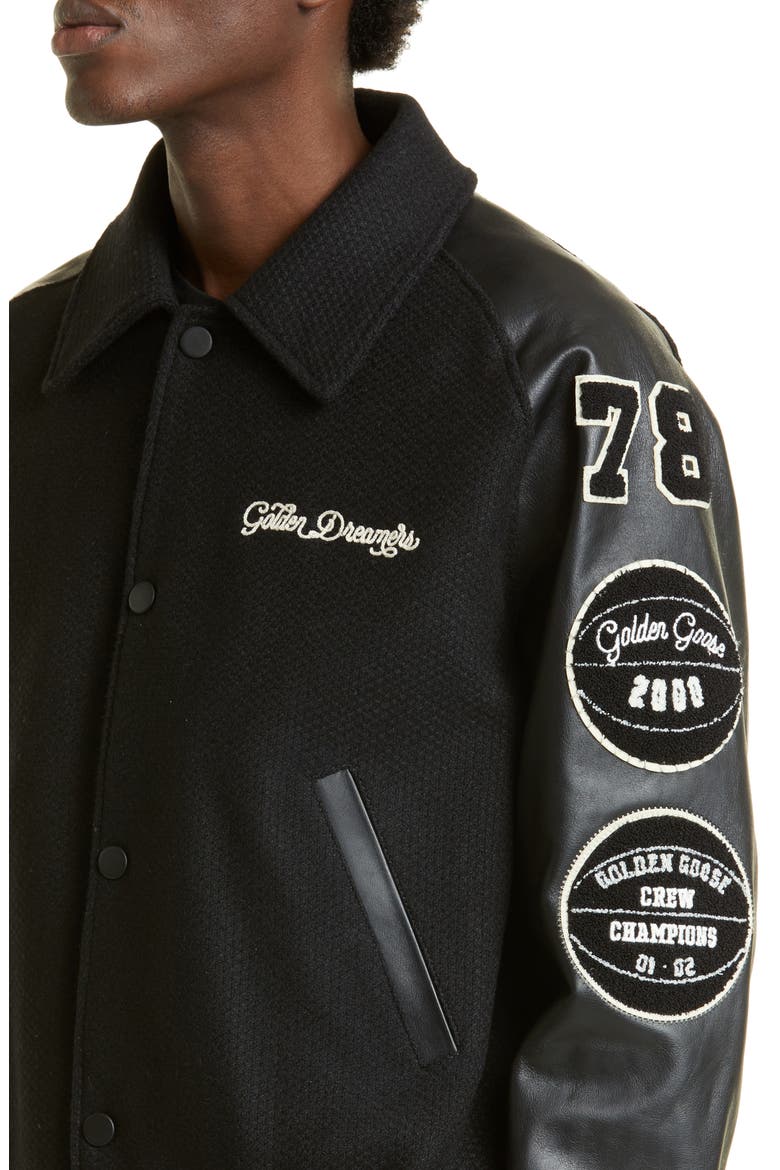 Golden Dreamers Wool & Leather Letterman's Jacket, Alternate, color, BLACK