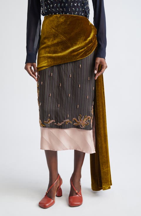 Senice Embellished Mixed Media Midi Skirt