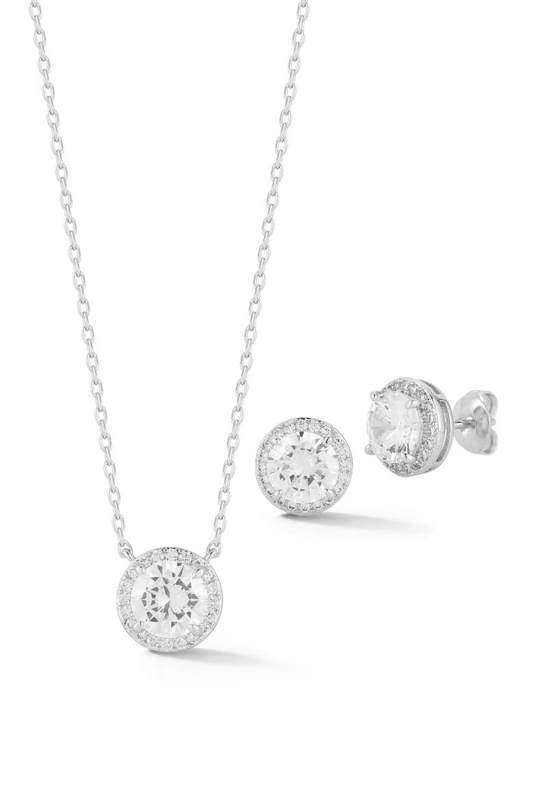 Cubic Zirconia Halo Pendant Necklace and Stud Earrings Set, Main, color, SILVER