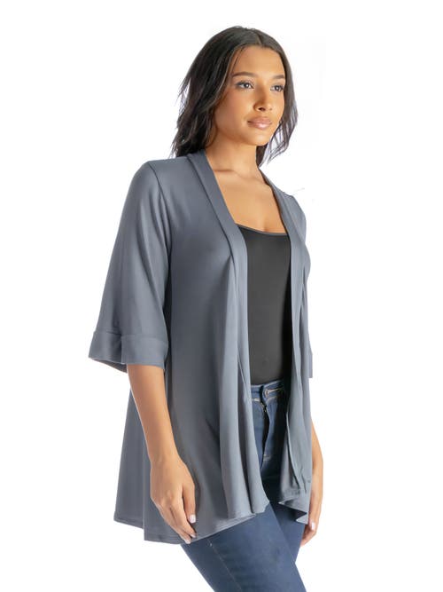 24seven Comfort Apparel Open Front Elbow Length Sleeve Cardigan In Gray