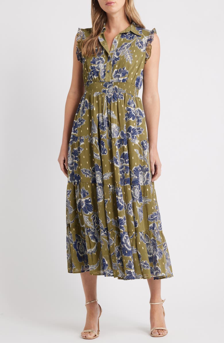 Anne Klein Sleeveless Metallic Floral Print Shirtdress, Main, color, Hunter Olive Multi