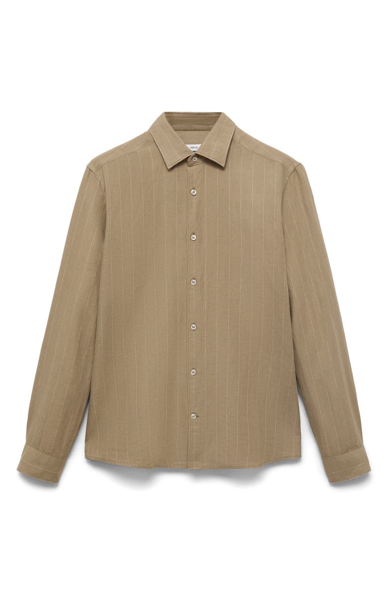 MANGO Pinstripe Linen & Cotton Button-Up Shirt, Alternate, color, Khaki