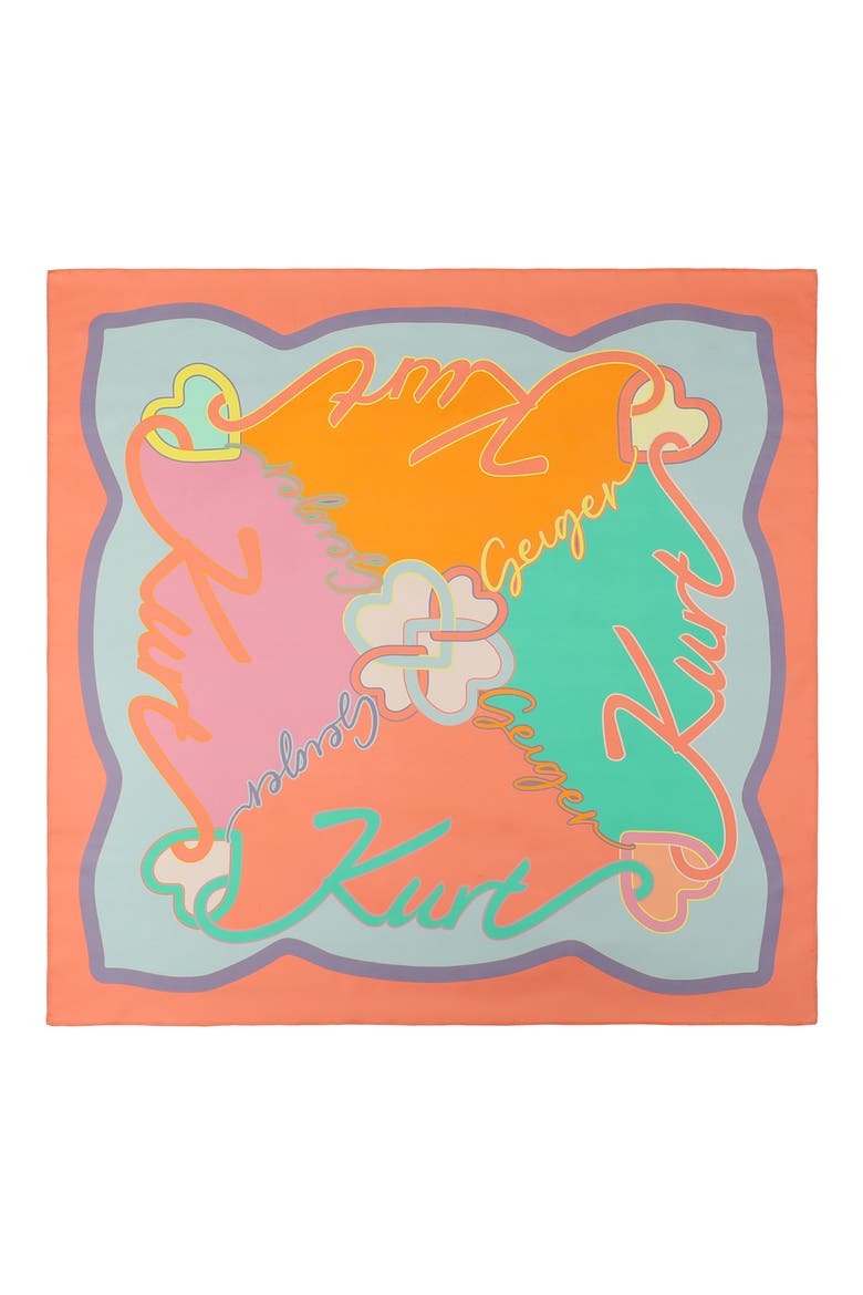 Script Print Square Silk Scarf, Main, color, CORAL GLOW