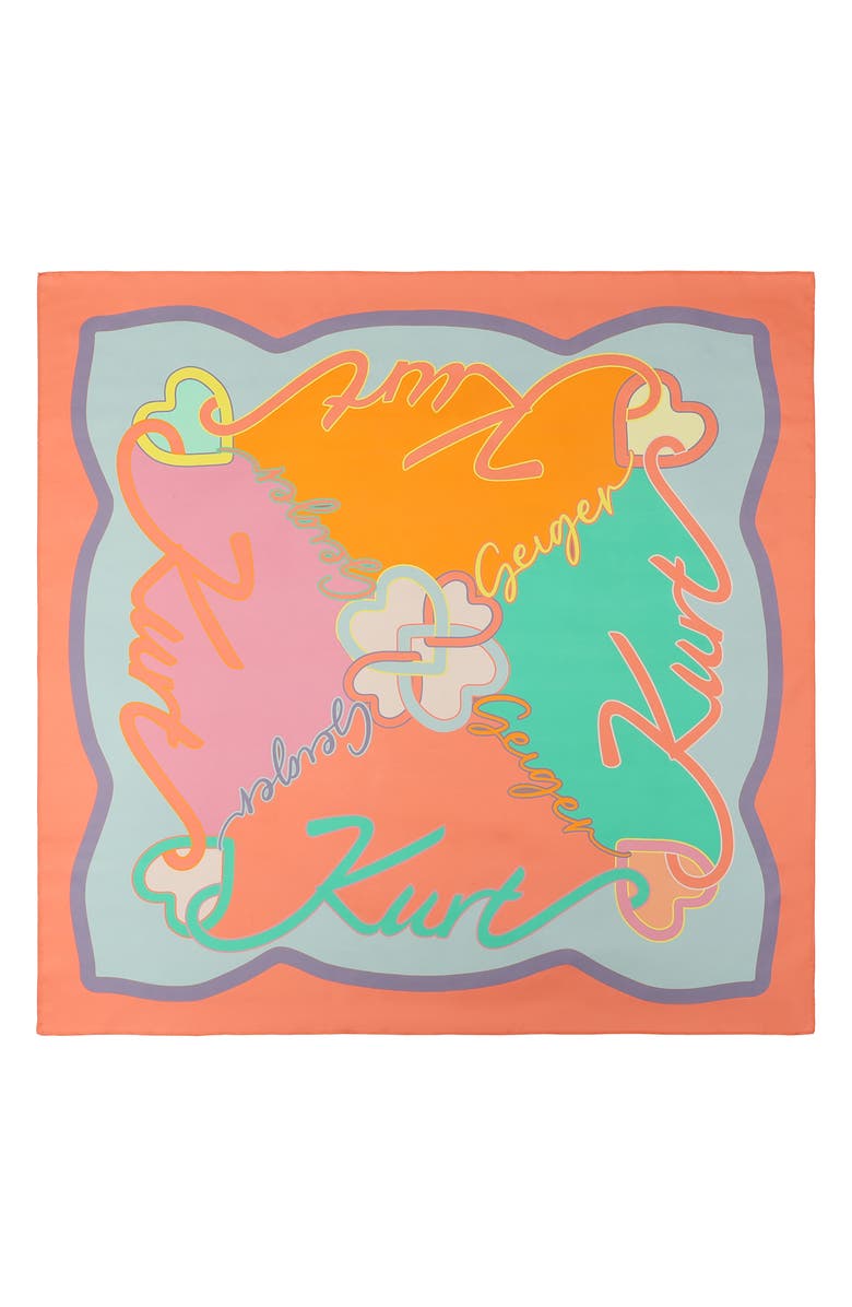 Kurt Geiger London Script Print Square Silk Scarf, Main, color, Coral Glow