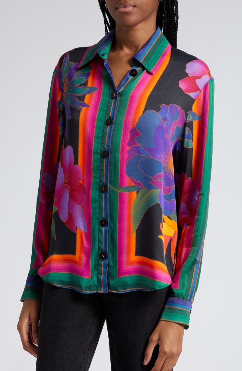 FARM Rio Flower Season Scarf Print Button-Up Shirt, Alternate, color, 