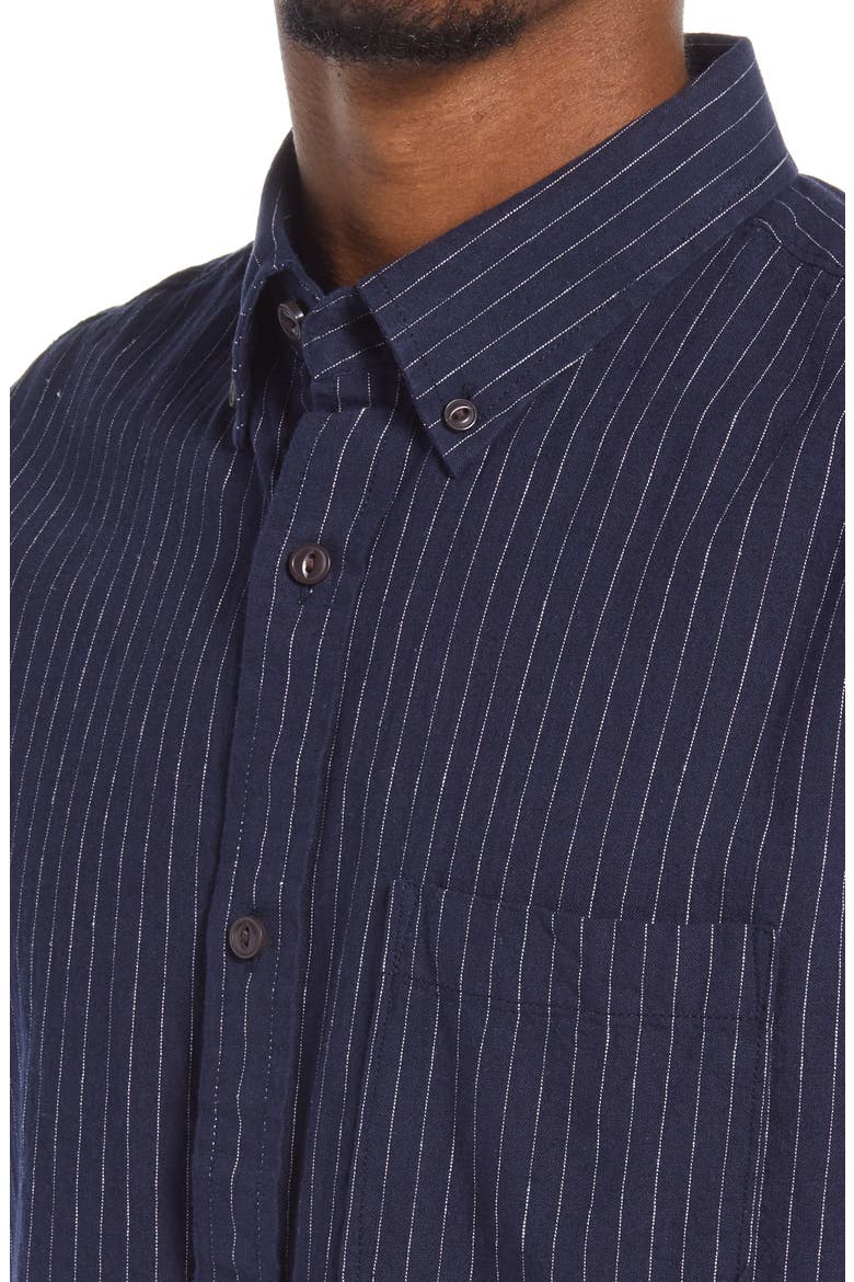 Linen Blend Short Sleeve Button-Down Shirt, Alternate, color, NAVY WHITE PINSTRIPES